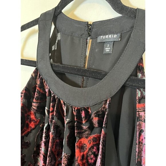 Torrid Top Women 3X Black Halter Pullover Sleeveless Red Floral Burnout Velvet - Picture 5 of 14